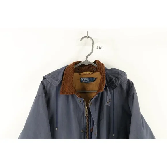 Vintage 90s Ralph Lauren Mens Medium Faded Waxed Cotton Lined Parka Jacket Blue